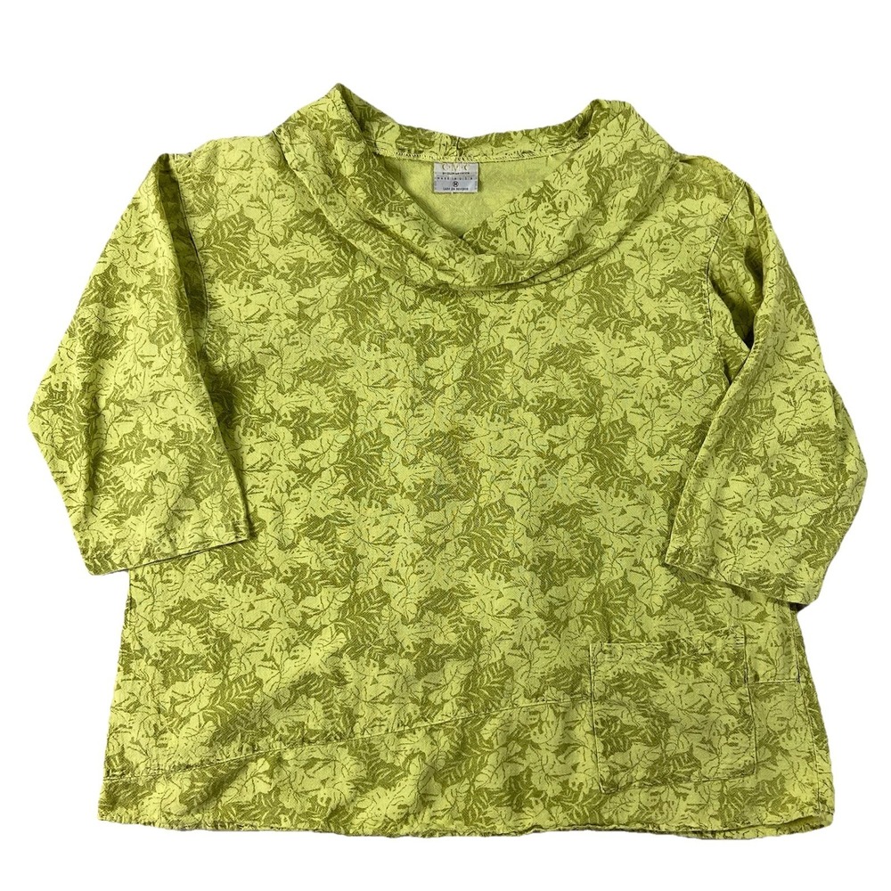 CMC 3/4 Sleeve Pop Over Cowl Neck Tunic Leaf Print Green Women's M Lagenlook Art